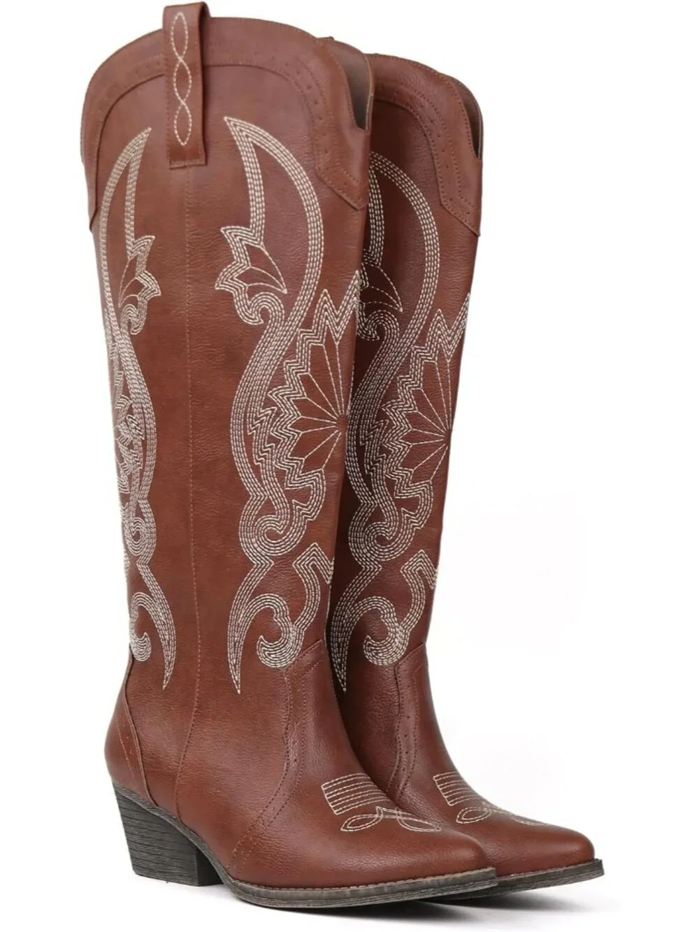 Women's Brown Pointed Toe Block Heel Classic Embroidered Western Knee High Boot